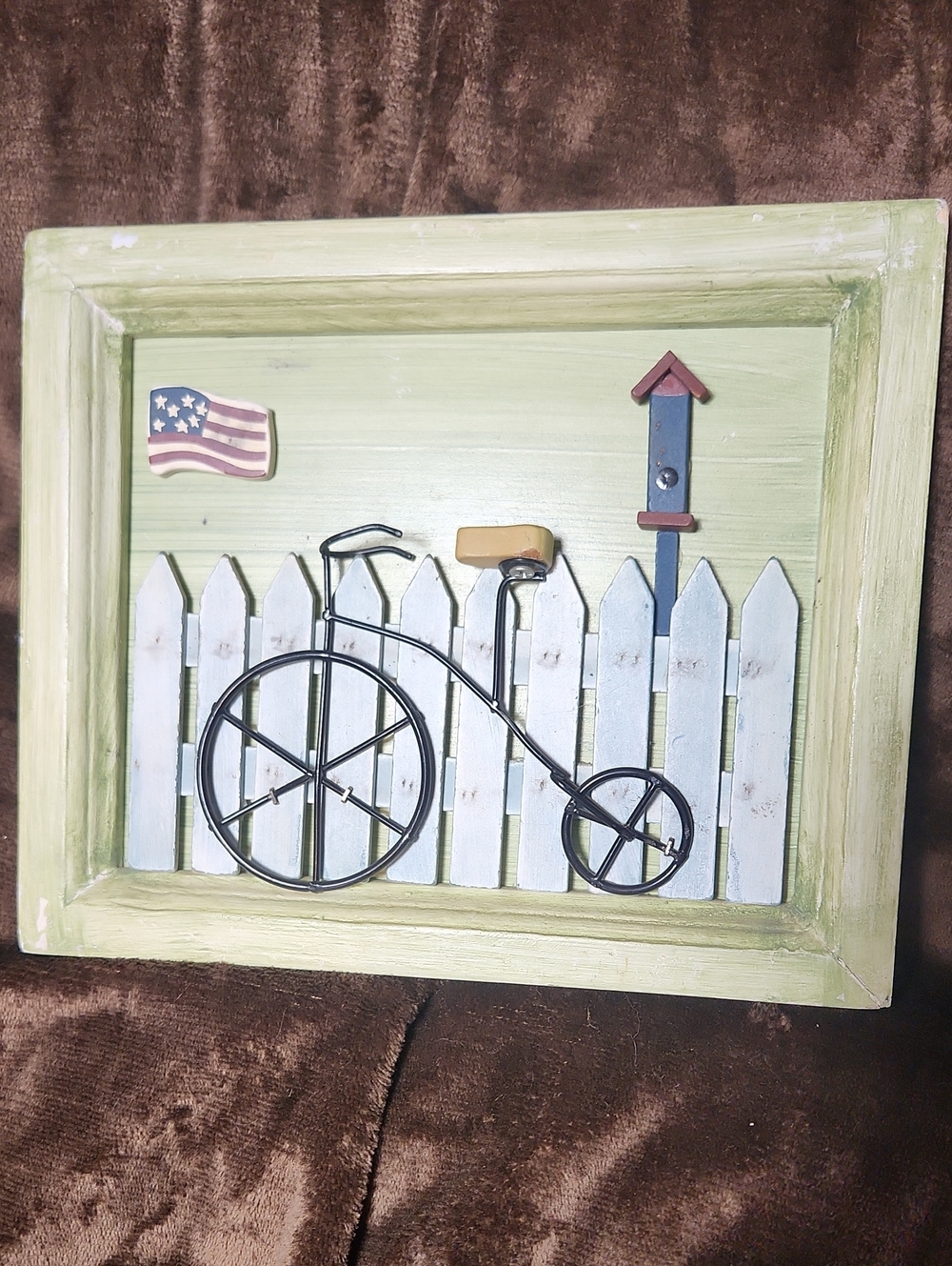 Handcrafted Green Wall Art with White Picket Fence & Black Bicycle Accent
